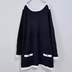 チュニック 長袖 2XL バイカラー 黒×白 ポケット付き ビッグサイズのサムネイル
