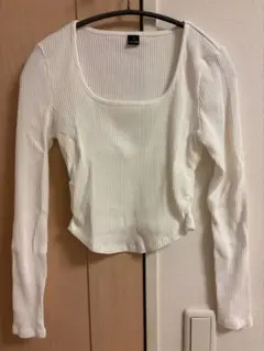 ホワイト リブ編み 長袖 Tシャツ Sサイズ