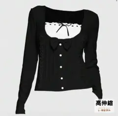 レディース リボン付き黒長袖トップス M