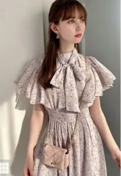 GRL 花柄フリルスリーブボウタイフレアワンピース M tt007