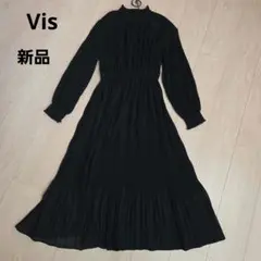 vis シフォンプリーツロングワンピース 黒 新品 セレモニー オケージョン