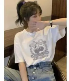 SHEIN レディース　Tシャツ　ホワイト×グレー チェリー柄