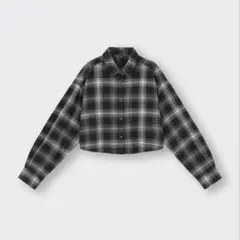GU チェック柄 クロップド丈 長袖シャツ ブラックのサムネイル