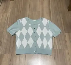 水色 ダイヤモンドパターン 半袖カーディガン