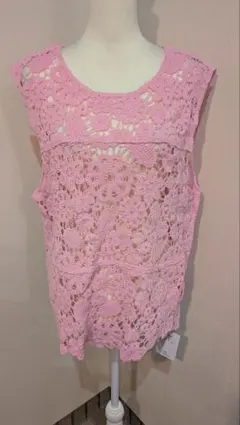 ピンク 花柄レースタンクトップ