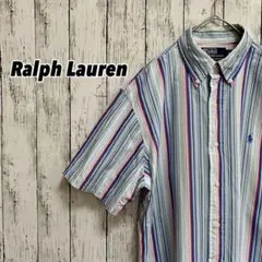 90sラルフローレン刺繍ロゴ半袖ビッグオーバーサイズストライプシャツUSA