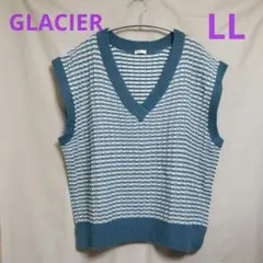 【新品】GLACIER　Vネック ニットベスト　LL　青緑色×白ボーダー