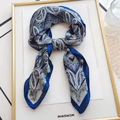 スカーフ　シルクサテン ペイズリー柄 正方形スカーフ ブルー ヘアアクセサリー