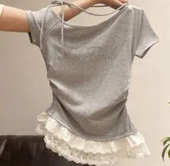 Tシャツ 韓国 ワンホントップス 韓国トップス ラインストーン フリルロゴ326