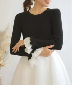 Meraki. リブ編み黒長袖トップス レース付きフリル袖