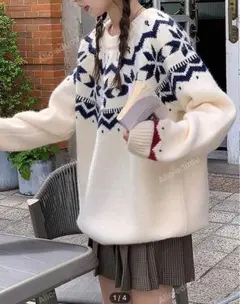 SHINE 雪の結晶柄　ラウンドネックニット　プルオーバー