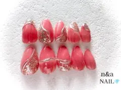 コーラルピンク×シルバーミラーライン上品デザイン大人可愛いニュアンスネイルチップ