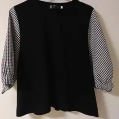 美品　黒と白のチェック 五分袖トップス Lサイズ