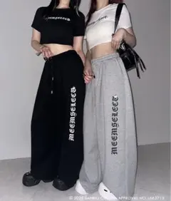me+em selectハローキティグランジロゴワイドスウェットパンツ 黒