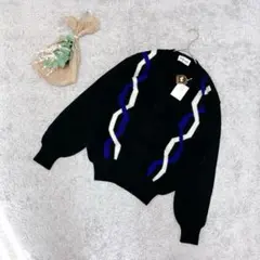 C2【ピエールカルダン】タグ付き✨幾何学模様ブラック/ニットカーディガン/M