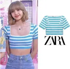 ZARA 青と白のストライプ 半袖ニット