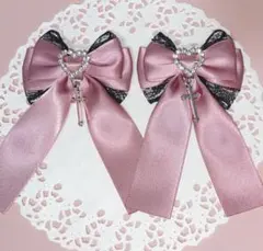 リボンヘアクリップ くすみピンク 黒 十字架量産型地雷系ハンドメイド推し活ヘアメ