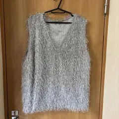 シルバー フリンジ Vネック ベスト L