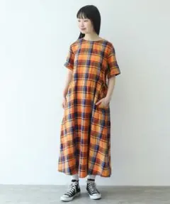 美品】FLOML フロム シルク混 マドラスチェック ロングワンピース 38 