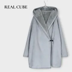 リアルキューブ フェイクムートン ロングコート M フード ライトグレー
