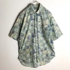 【半袖シャツ】アート柄 総柄 レトロ デザインシャツ M 緑 青 メンズ 古着
