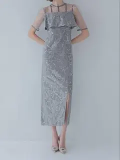 ドットチュールフラワースパンコールIラインワンピースドレス結婚式パーティー二次会