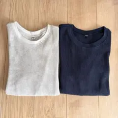 UNIQLO ユニクロ ワッフルTシャツ ナチュラル&ネイビー L 2枚セット