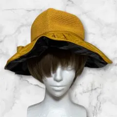 サンバイザー 日除 帽子 遮光 麦わら帽子 リボン マスタード あごひも付き