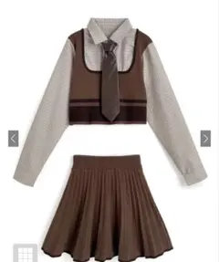 ネクタイ付きベストドッキングチェック柄シャツプリーツスカートニットセットアップ