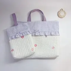 ヌビ ハート 刺繍生地 レッスンバッグ 上履き袋 キルト 入園入学 マチ