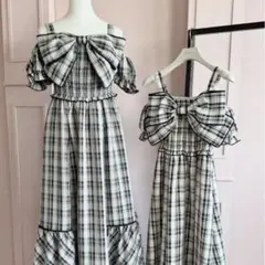 An MILLE ビッグリボンオフショルop チェックワンピース　ベージュ