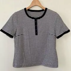 美品 レリアン Leilian ボーダー柄 カットソー 9号 M 紺 白 日本製