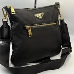 PRADAテスートナイロンレザー ショルダーバッグ黒ゴールド金具イタリア製