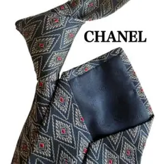 CHANEL シャネル　ネイビー　シルバー　ダイヤモンド柄　幾何学模様 ネクタイ