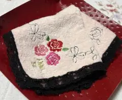 即発送 ANNA SUI 花柄刺繍 ハンカチ 黒レース ピンクタオルハンカチ薔薇