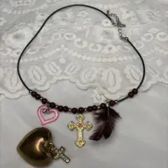 【平成ギャル】Y2Kチョーカー＆ビッグハートチャームセット 十字架 羽根 00s
