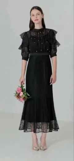 【Leja】2WAYパール付きシアーレースバックリボンボレロスリットワンピース