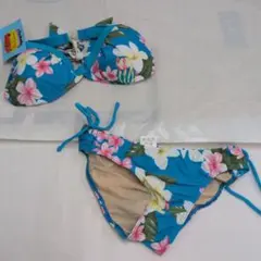 #522.青色フラワープリント セパレート2P水着 新品未使用11号