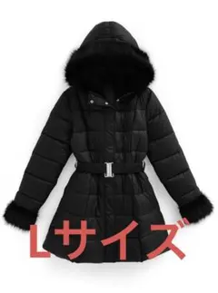 ベルト付きファーAラインダウンコート[kd79] ブラック　L