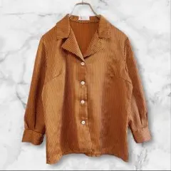 総柄デザイン8分丈シャツブラウスストライプ柄レトロ茶色ブラウンヴィンテージ古着