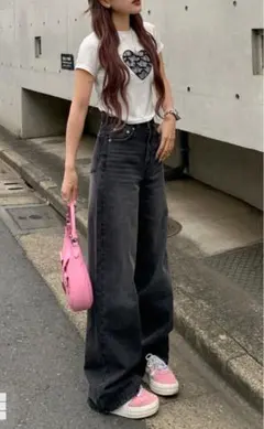 ダークグレー ワイドレッグ デニムパンツ