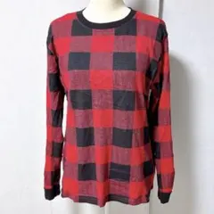 PLACE バッファローチェック柄長袖Tシャツ ワッフル地 赤×黒 【L相当】