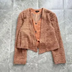 80s ノーカラージャケット　エスニック　レディース　レイヤード風　ブラウン