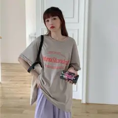 【再入荷】レディース　半袖　Tシャツ　L　オーバーサイズ　英字　ロゴ　韓国