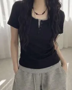 フェイクレイヤード ヘンリーネック 半袖Tシャツ ブラック ノームコアのサムネイル