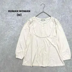 HUMANWOMAN 7分袖Tシャツ　ベージュ【M】コットン混　ナチュラル可愛い