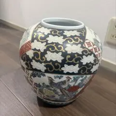 色絵金彩 花鳥文 大壺 花瓶 飾壺 底銘あり 骨董 古美術