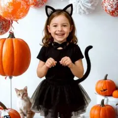 100〜120cm ハロウィンネココスプレ 4点セット キッズ 親子リンク 猫耳