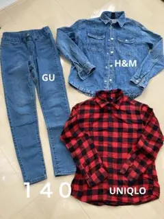h&m デニムシャツ・ユニクロチェック柄シャツ・GUデニムパンツセット