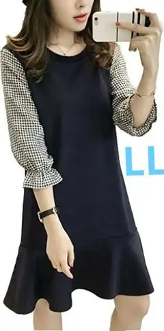 LL 新品 七分袖フレアワンピース 紺 大きいサイズ レディース Aライン ミニ